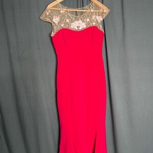 Marchesa Notte Magenta Mixed media embroidered flare dress Size 4